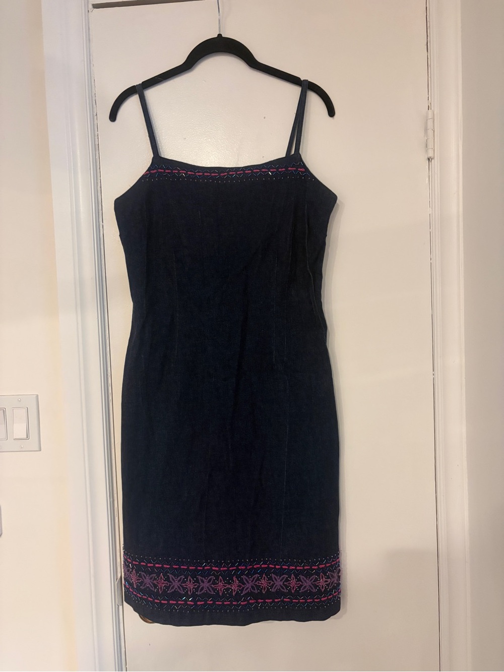 Vintage Wallis Dark Denim Midi Dress with Pink Embroidery and beads